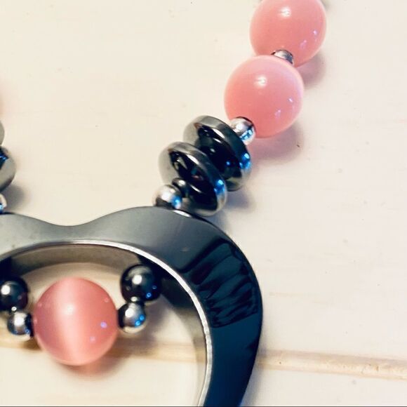 NEW 18” HEMATITE OPEN HEART W/ROSE QUARTZ STONE NECKLACE - Picture 4 of 14